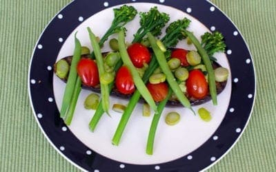 AUBERGINE with BROAD BEAN GUACAMOLE, BROCCOLI & GREEN BEANS