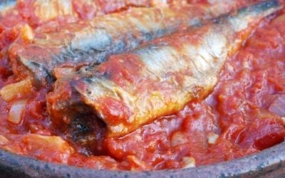 SARDINES BAKED in TOMATO, CAPERS & OLIVES